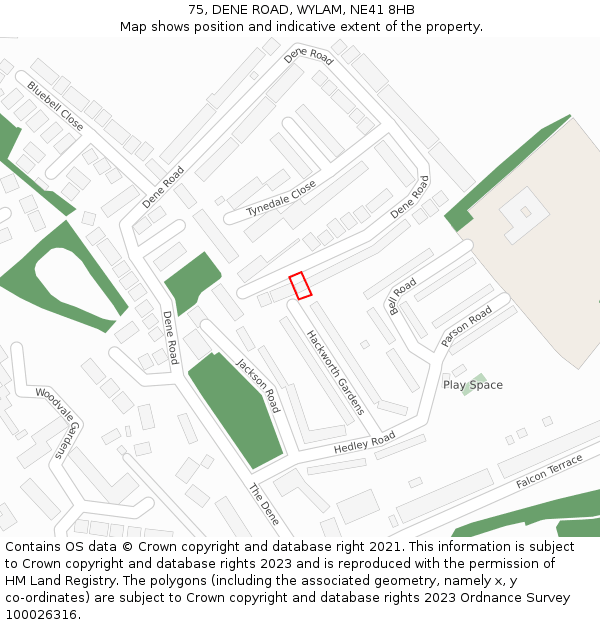 75, DENE ROAD, WYLAM, NE41 8HB: Location map and indicative extent of plot