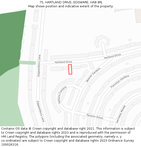 75, HARTLAND DRIVE, EDGWARE, HA8 8RJ: Location map and indicative extent of plot