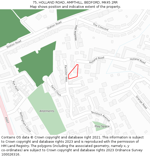 75, HOLLAND ROAD, AMPTHILL, BEDFORD, MK45 2RR: Location map and indicative extent of plot