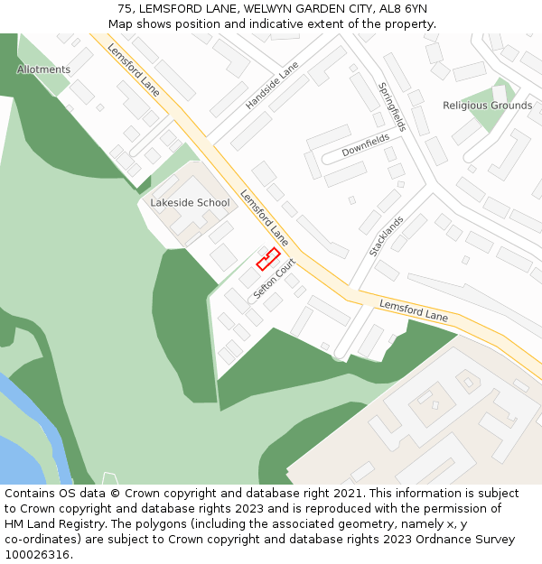75, LEMSFORD LANE, WELWYN GARDEN CITY, AL8 6YN: Location map and indicative extent of plot