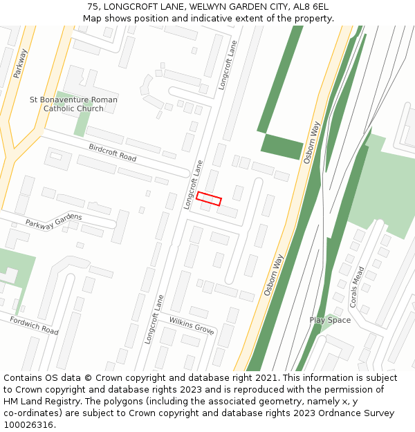 75, LONGCROFT LANE, WELWYN GARDEN CITY, AL8 6EL: Location map and indicative extent of plot