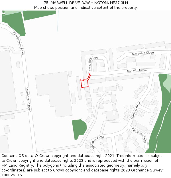 75, MARWELL DRIVE, WASHINGTON, NE37 3LH: Location map and indicative extent of plot