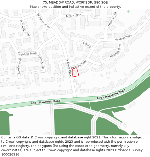 75, MEADOW ROAD, WORKSOP, S80 3QE: Location map and indicative extent of plot