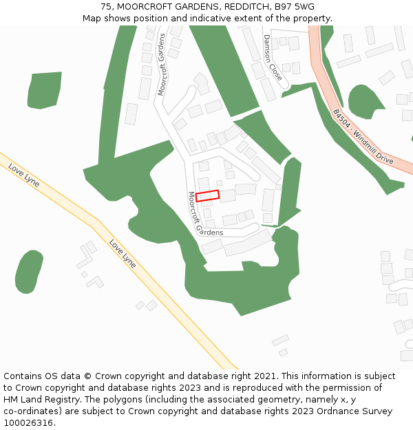 75, MOORCROFT GARDENS, REDDITCH, B97 5WG: Location map and indicative extent of plot