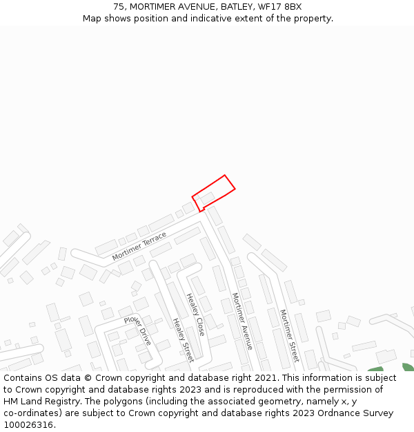 75, MORTIMER AVENUE, BATLEY, WF17 8BX: Location map and indicative extent of plot
