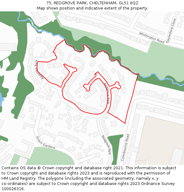75, REDGROVE PARK, CHELTENHAM, GL51 6QZ: Location map and indicative extent of plot