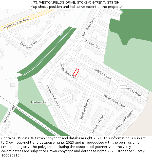 75, WESTONFIELDS DRIVE, STOKE-ON-TRENT, ST3 5JH: Location map and indicative extent of plot