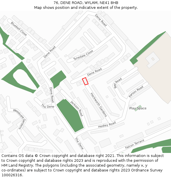 76, DENE ROAD, WYLAM, NE41 8HB: Location map and indicative extent of plot