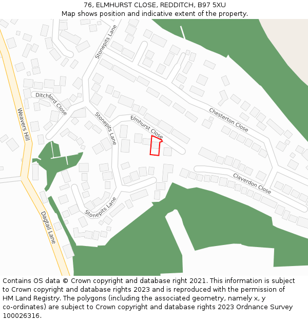 76, ELMHURST CLOSE, REDDITCH, B97 5XU: Location map and indicative extent of plot