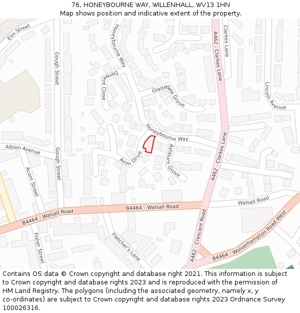 76, HONEYBOURNE WAY, WILLENHALL, WV13 1HN: Location map and indicative extent of plot