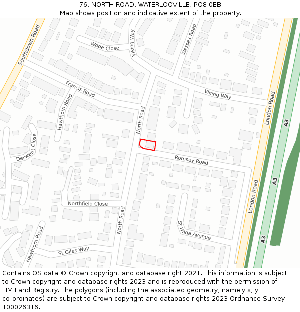 76, NORTH ROAD, WATERLOOVILLE, PO8 0EB: Location map and indicative extent of plot