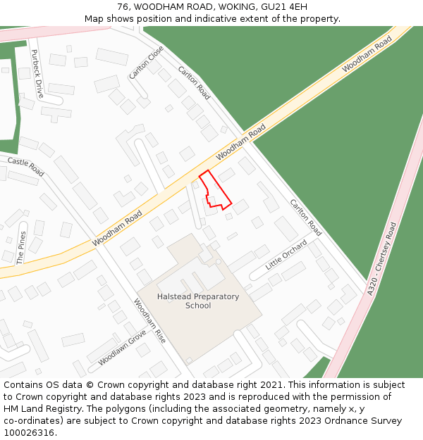 76, WOODHAM ROAD, WOKING, GU21 4EH: Location map and indicative extent of plot