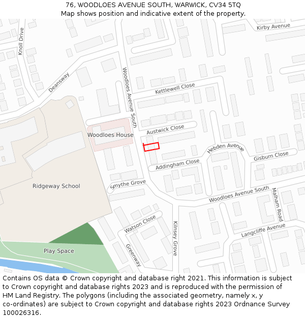 76, WOODLOES AVENUE SOUTH, WARWICK, CV34 5TQ: Location map and indicative extent of plot