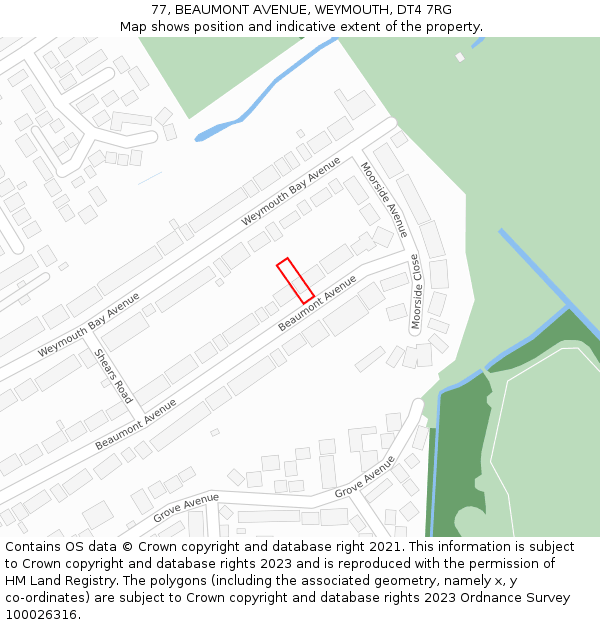 77, BEAUMONT AVENUE, WEYMOUTH, DT4 7RG: Location map and indicative extent of plot