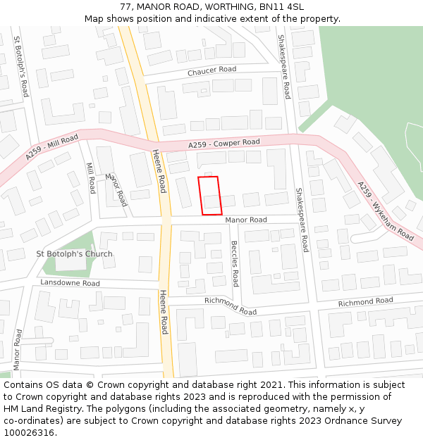77, MANOR ROAD, WORTHING, BN11 4SL: Location map and indicative extent of plot