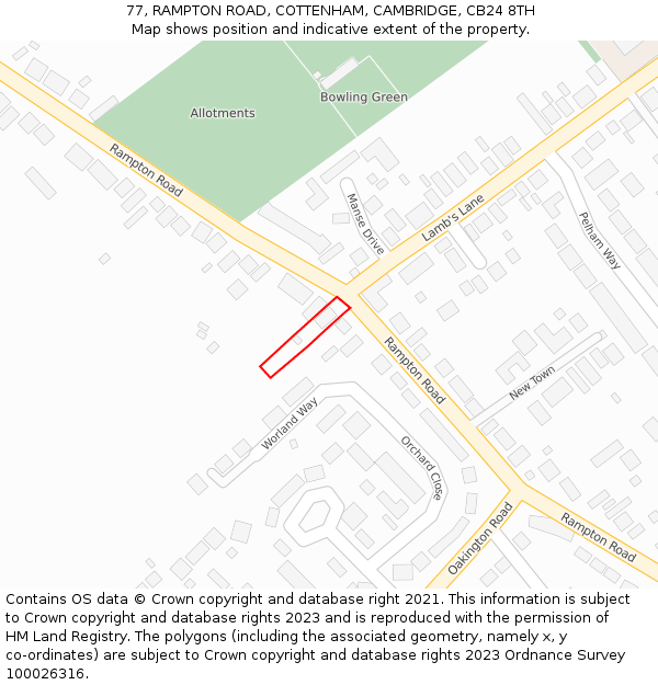 77, RAMPTON ROAD, COTTENHAM, CAMBRIDGE, CB24 8TH: Location map and indicative extent of plot