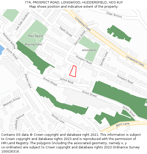 77A, PROSPECT ROAD, LONGWOOD, HUDDERSFIELD, HD3 4UY: Location map and indicative extent of plot