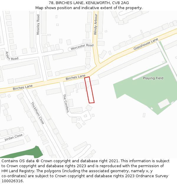 78, BIRCHES LANE, KENILWORTH, CV8 2AG: Location map and indicative extent of plot