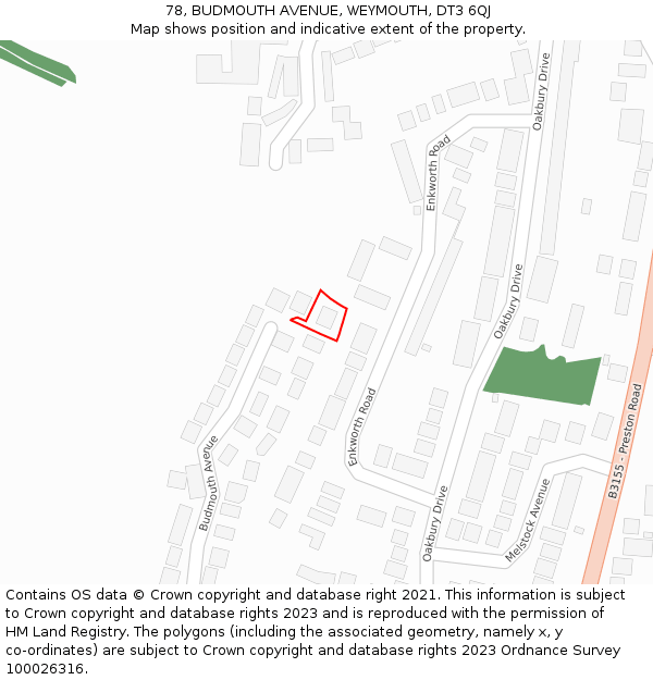 78, BUDMOUTH AVENUE, WEYMOUTH, DT3 6QJ: Location map and indicative extent of plot