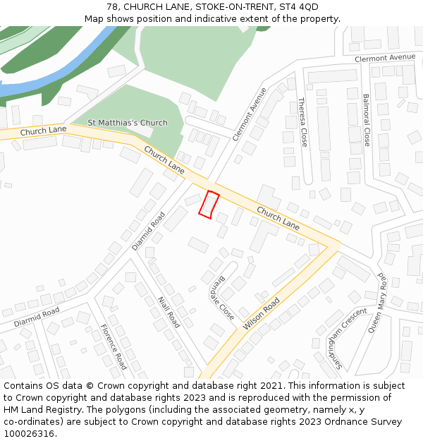 78, CHURCH LANE, STOKE-ON-TRENT, ST4 4QD: Location map and indicative extent of plot