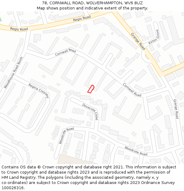 78, CORNWALL ROAD, WOLVERHAMPTON, WV6 8UZ: Location map and indicative extent of plot