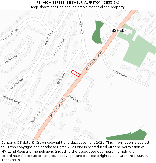 78, HIGH STREET, TIBSHELF, ALFRETON, DE55 5NX: Location map and indicative extent of plot