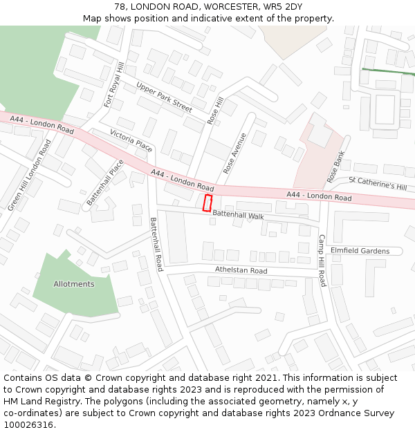 78, LONDON ROAD, WORCESTER, WR5 2DY: Location map and indicative extent of plot