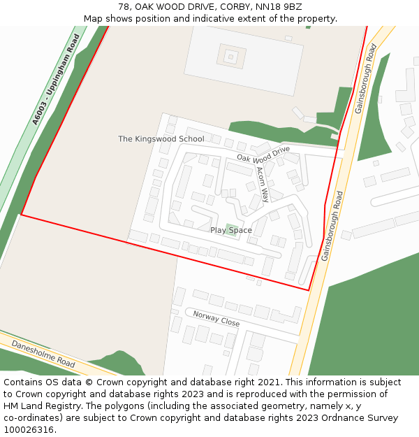 78, OAK WOOD DRIVE, CORBY, NN18 9BZ: Location map and indicative extent of plot