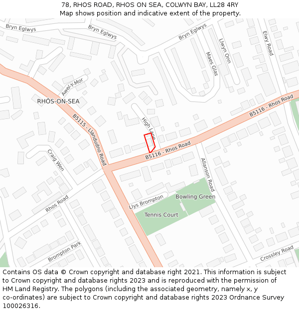 78, RHOS ROAD, RHOS ON SEA, COLWYN BAY, LL28 4RY: Location map and indicative extent of plot