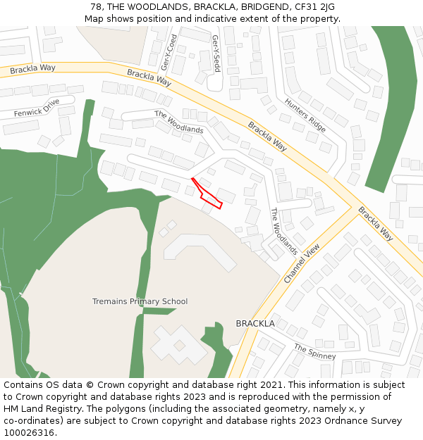 78, THE WOODLANDS, BRACKLA, BRIDGEND, CF31 2JG: Location map and indicative extent of plot