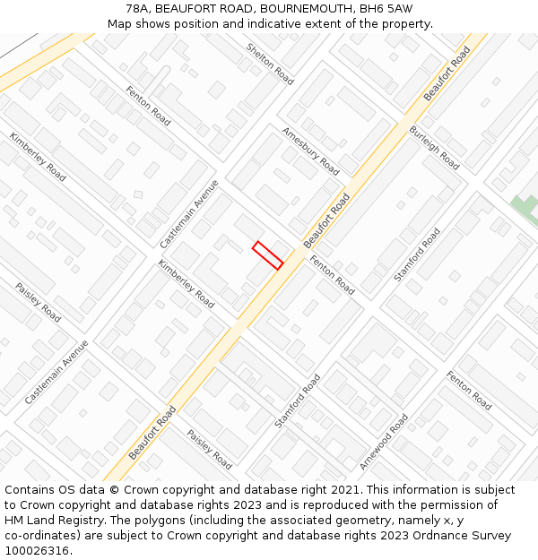 78A, BEAUFORT ROAD, BOURNEMOUTH, BH6 5AW: Location map and indicative extent of plot