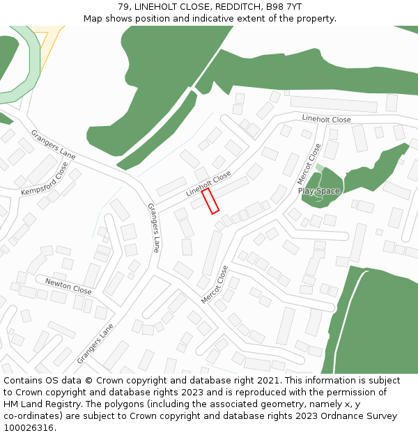 79, LINEHOLT CLOSE, REDDITCH, B98 7YT: Location map and indicative extent of plot