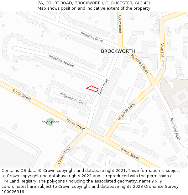 7A, COURT ROAD, BROCKWORTH, GLOUCESTER, GL3 4EL: Location map and indicative extent of plot