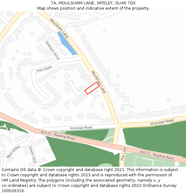 7A, MOULSHAM LANE, YATELEY, GU46 7QX: Location map and indicative extent of plot