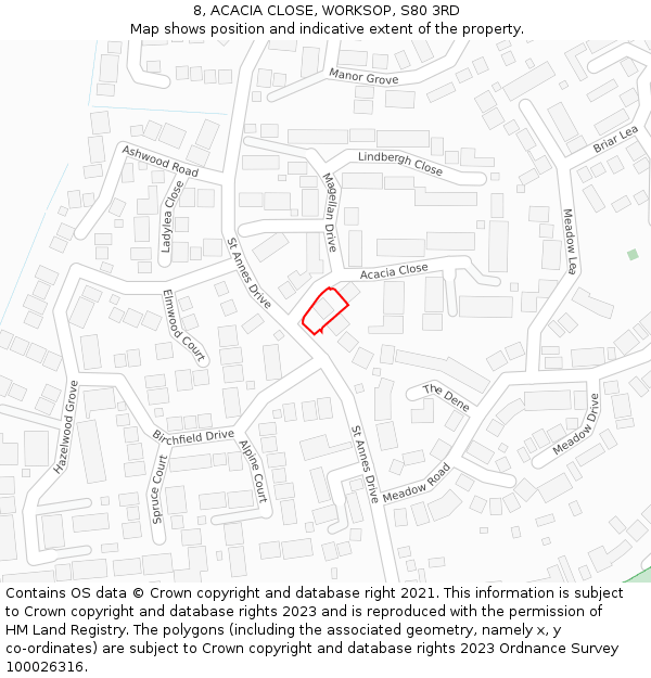 8, ACACIA CLOSE, WORKSOP, S80 3RD: Location map and indicative extent of plot