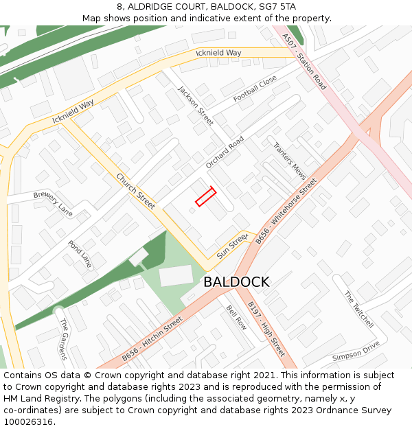 8, ALDRIDGE COURT, BALDOCK, SG7 5TA: Location map and indicative extent of plot