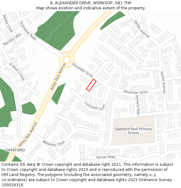 8, ALEXANDER DRIVE, WORKSOP, S81 7NP: Location map and indicative extent of plot