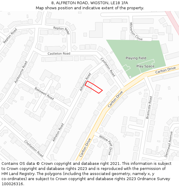 8, ALFRETON ROAD, WIGSTON, LE18 1FA: Location map and indicative extent of plot