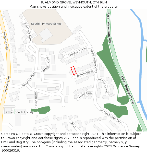 8, ALMOND GROVE, WEYMOUTH, DT4 9UH: Location map and indicative extent of plot