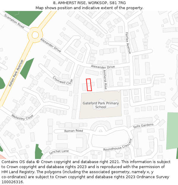 8, AMHERST RISE, WORKSOP, S81 7RG: Location map and indicative extent of plot