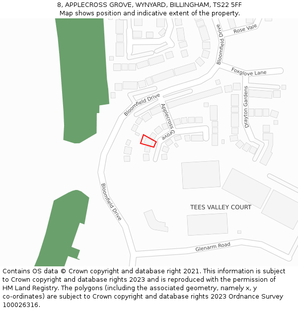 8, APPLECROSS GROVE, WYNYARD, BILLINGHAM, TS22 5FF: Location map and indicative extent of plot