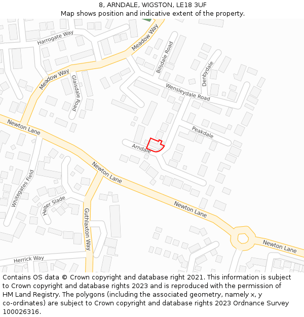 8, ARNDALE, WIGSTON, LE18 3UF: Location map and indicative extent of plot