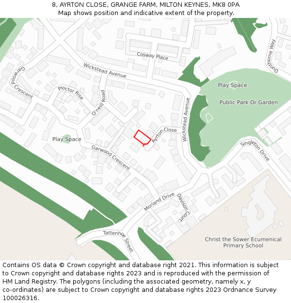 8, AYRTON CLOSE, GRANGE FARM, MILTON KEYNES, MK8 0PA: Location map and indicative extent of plot