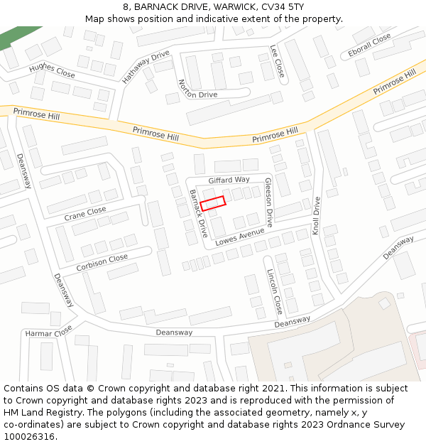 8, BARNACK DRIVE, WARWICK, CV34 5TY: Location map and indicative extent of plot