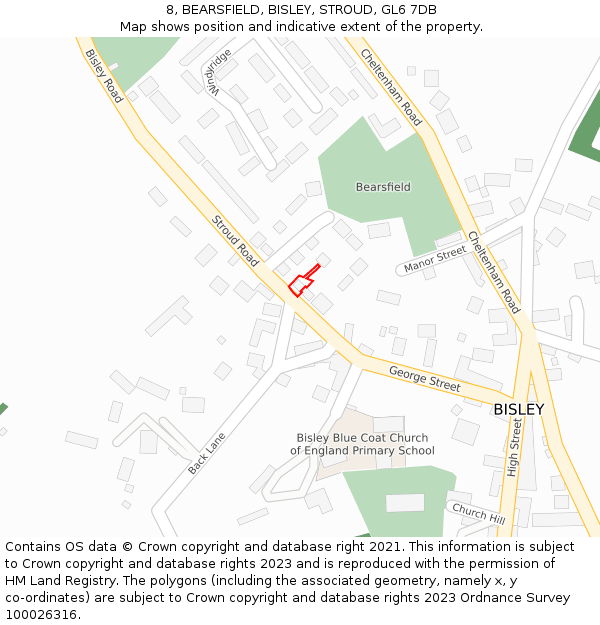 8, BEARSFIELD, BISLEY, STROUD, GL6 7DB: Location map and indicative extent of plot