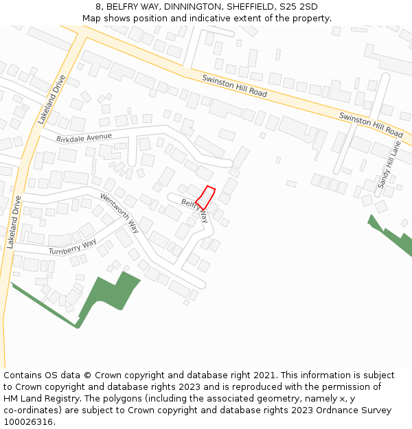 8, BELFRY WAY, DINNINGTON, SHEFFIELD, S25 2SD: Location map and indicative extent of plot
