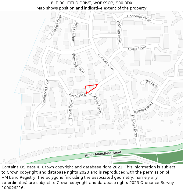 8, BIRCHFIELD DRIVE, WORKSOP, S80 3DX: Location map and indicative extent of plot