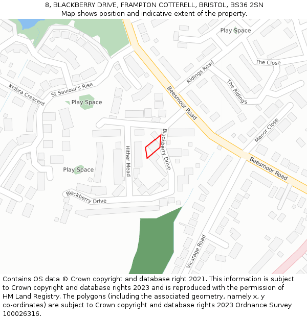 8, BLACKBERRY DRIVE, FRAMPTON COTTERELL, BRISTOL, BS36 2SN: Location map and indicative extent of plot