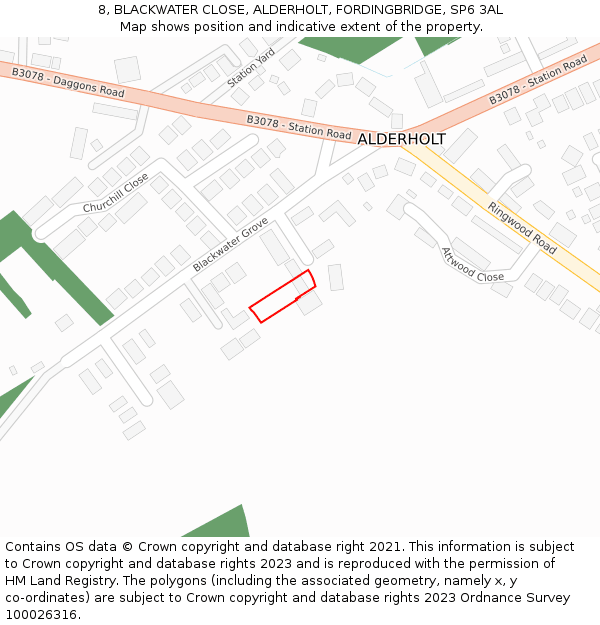 8, BLACKWATER CLOSE, ALDERHOLT, FORDINGBRIDGE, SP6 3AL: Location map and indicative extent of plot