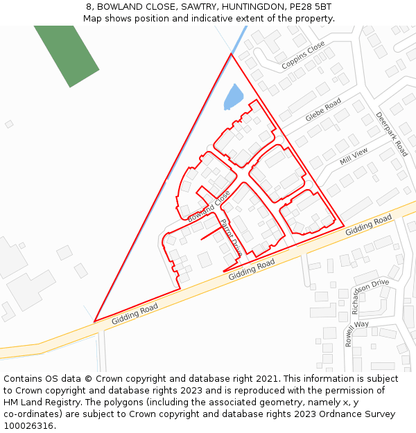 8, BOWLAND CLOSE, SAWTRY, HUNTINGDON, PE28 5BT: Location map and indicative extent of plot